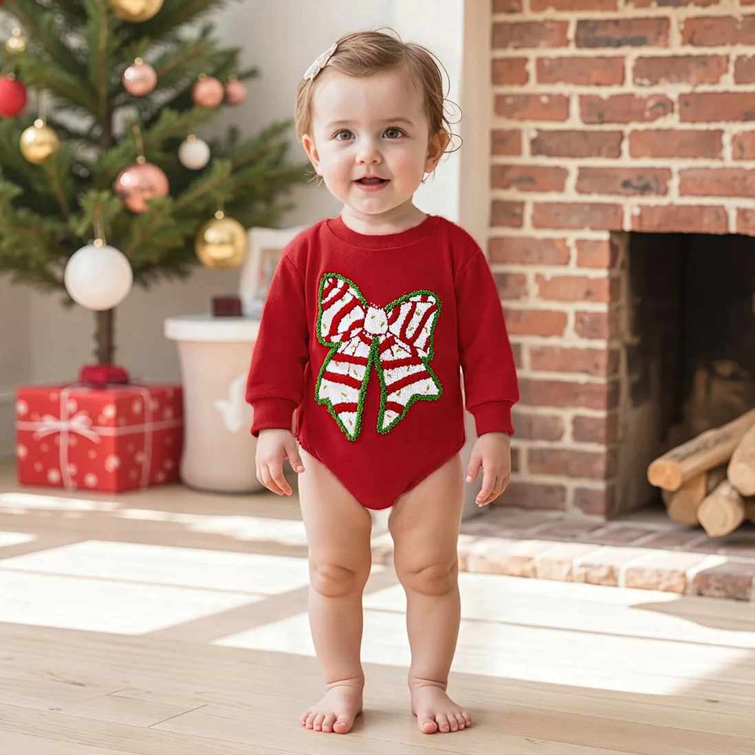 Kids Baby Girl Fashion Christmas Cartoon Bow Embroidered Long Sleeve Rompers