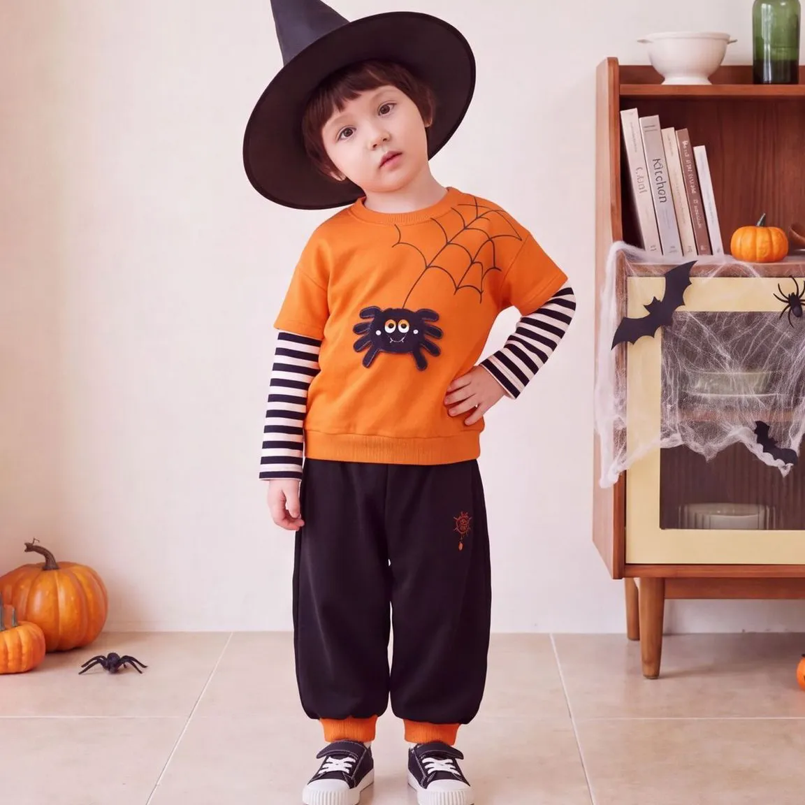 Kids Boys Fashion Casual Halloween Autumn Stripe Long-Sleeve Sweatshirt Pants Two-Piece Set
