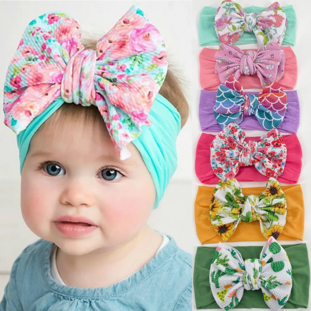 Kids Baby Girls Fashion Cute Printed Big Bow Nylon Hair Band