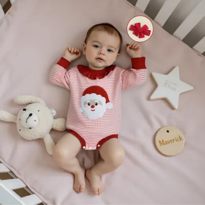Kids Baby Girls Autumn And Winter Christmas Cartoon Santa Claus Embroidered Stripe Long-Sleeve Rompers Hair Band Set