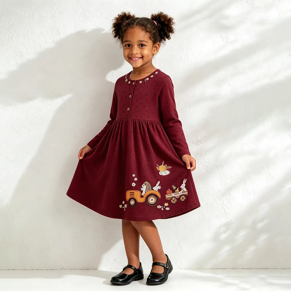 Kids Girls Fashion Casual Autumn Hedgehog Tab Embroidered Long Sleeve Dress