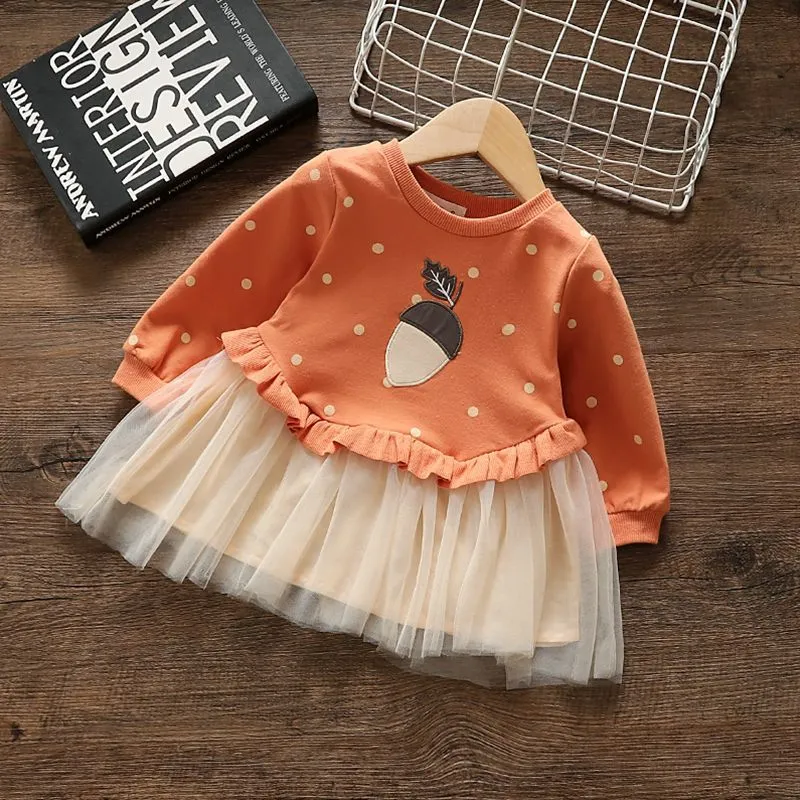 Kids Girls Fashion Casual Autumn Printed Long Sleeve Mesh Stitching Dress