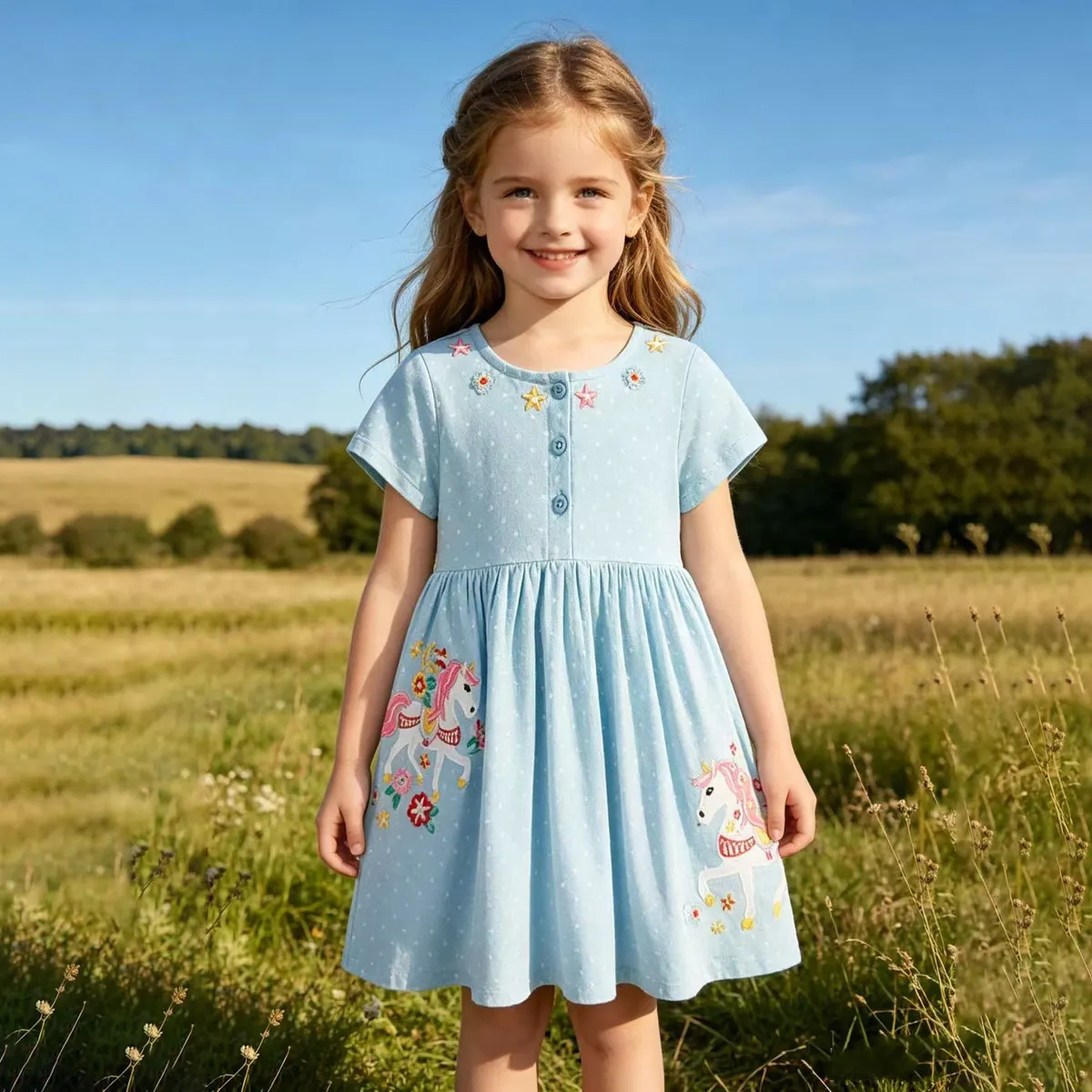 Kids Girls' Fashion Casual Embroidered Round Neck Short-Sleeve Dress