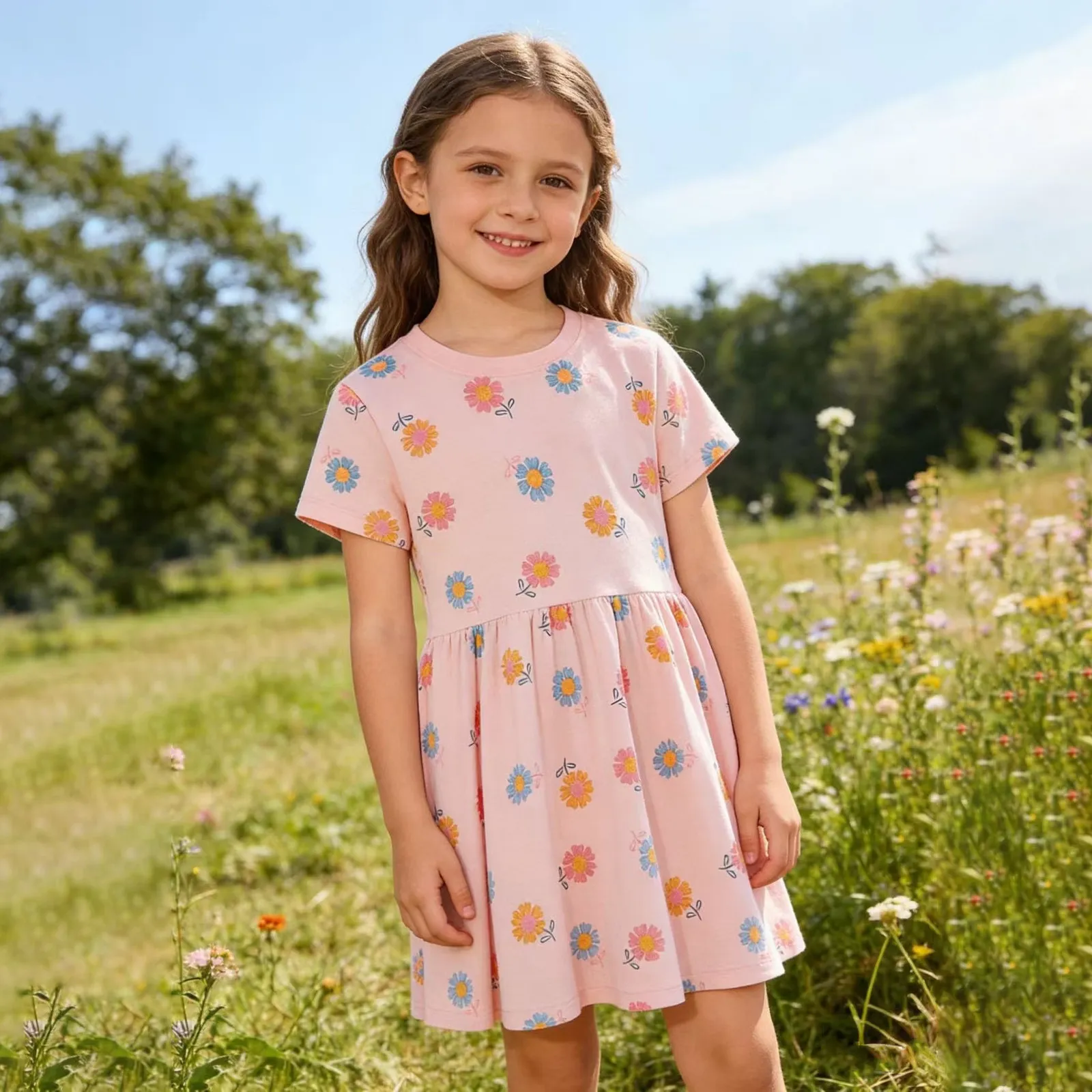 Kids Gilrs Fashion Casual Summer Flower Printed Short-Sleeve Dress
