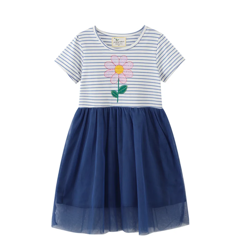 Kids Girls Fashion Casual Summer Stripe Flower Round Neck Short-Sleeve Mesh Stitching Loose Dress