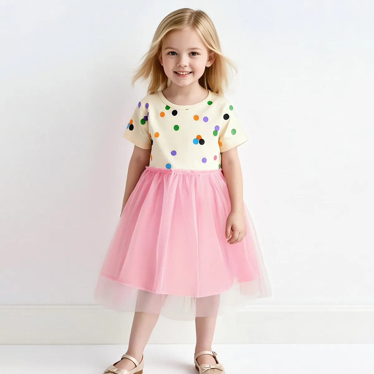 Kids Girls Fashion Summer Polka Dot Print Round Neck Short Sleeve Mesh Stitching Dress