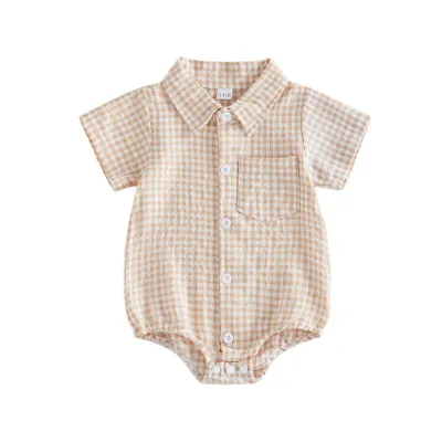 Kids Baby Boys Fashion Casual Summer Plaid Lapel Short-Sleeve Rompers