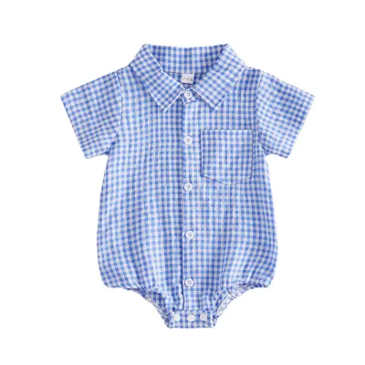 Kids Baby Boys Fashion Casual Summer Plaid Lapel Short-Sleeve Rompers