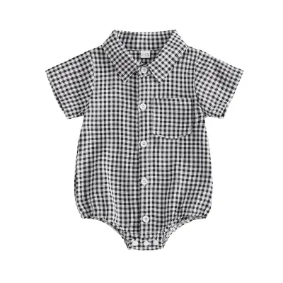 Kids Baby Boys Fashion Casual Summer Plaid Lapel Short-Sleeve Rompers
