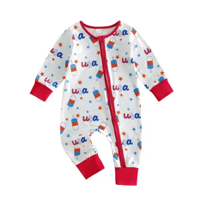 Kids Baby Boys Fashion Casual Summer Ice Cream Printed Zipper Long-Sleeve Rompers