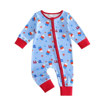 Kids Baby Boys Fashion Casual Summer Ice Cream Printed Zipper Long-Sleeve Rompers