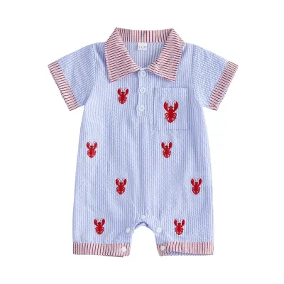 Kids Baby Boys Fashion Casual Summe Crayfish/Crab Embroidered Lapel Short-Sleeve Stripe Rompers