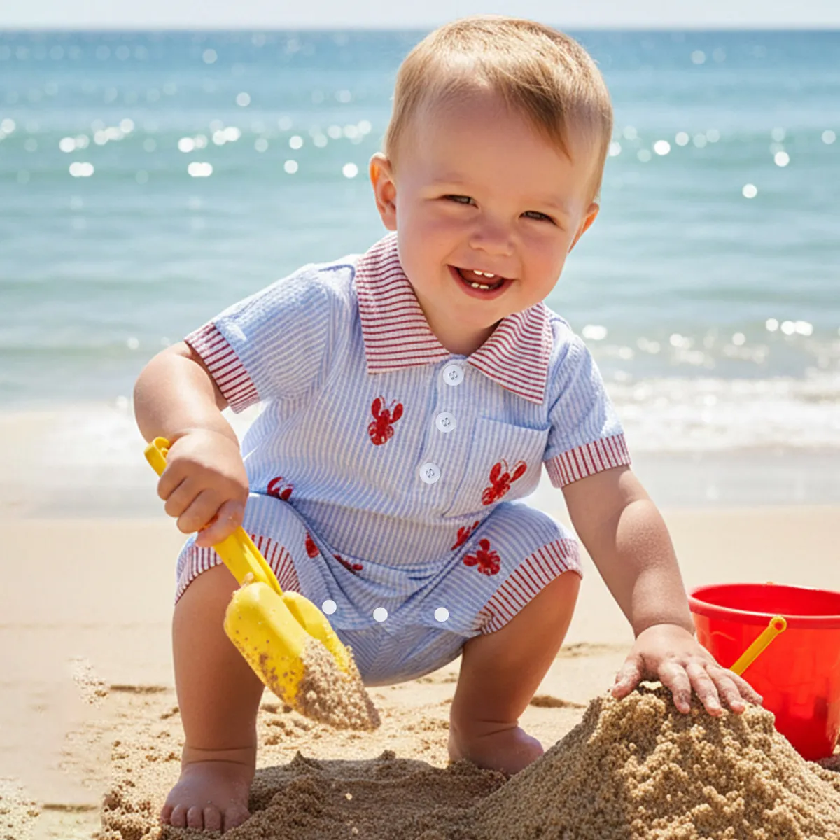 Kids Baby Boys Fashion Casual Summe Crayfish/Crab Embroidered Lapel Short-Sleeve Stripe Rompers