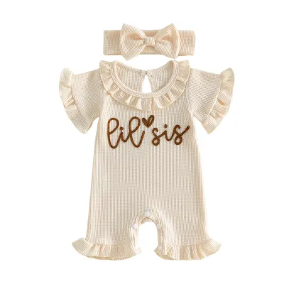 Kids Baby Girls Fashion Summer Letters Lil Sis Embroidered Lace Short Sleeve Rompers