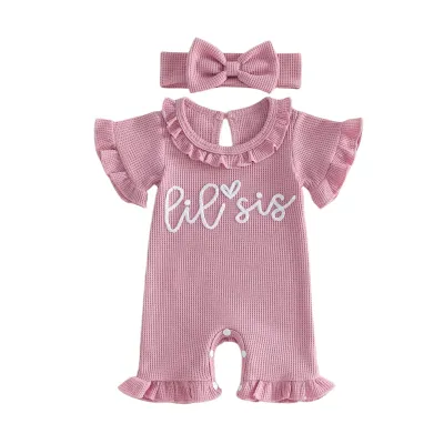 Kids Baby Girls Fashion Summer Letters Lil Sis Embroidered Lace Short Sleeve Rompers