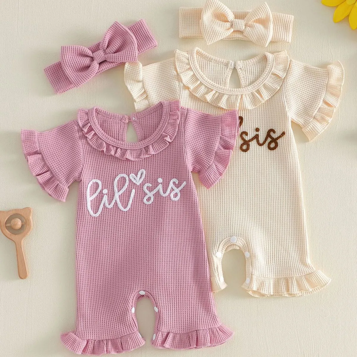 Kids Baby Girls Fashion Summer Letters Lil Sis Embroidered Lace Short Sleeve Rompers