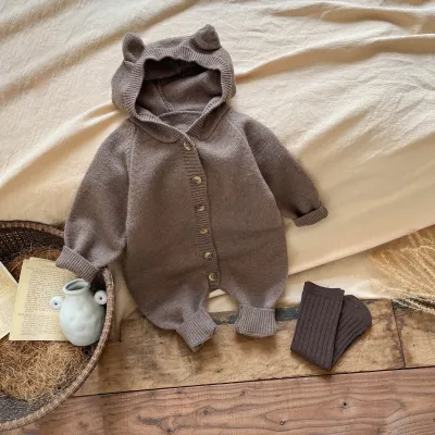 Kids Baby Boys And Girls Fashion Autumn And Winter Solid Color Long-Sleeve Rabbit Ear Knitted Rompers