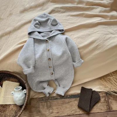 Kids Baby Boys And Girls Fashion Autumn And Winter Solid Color Long-Sleeve Rabbit Ear Knitted Rompers