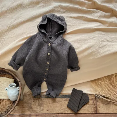 Kids Baby Boys And Girls Fashion Autumn And Winter Solid Color Long-Sleeve Rabbit Ear Knitted Rompers