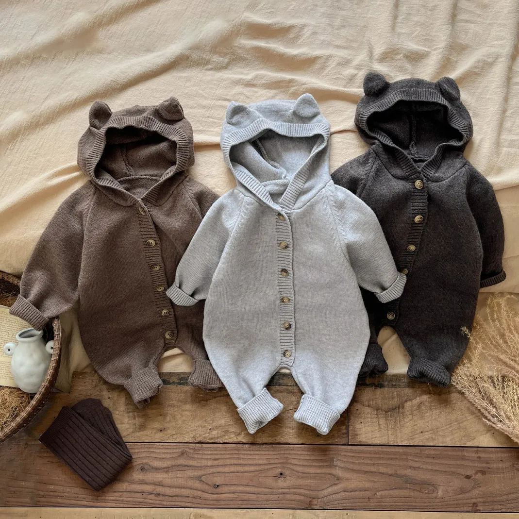 Kids Baby Boys And Girls Fashion Autumn And Winter Solid Color Long-Sleeve Rabbit Ear Knitted Rompers