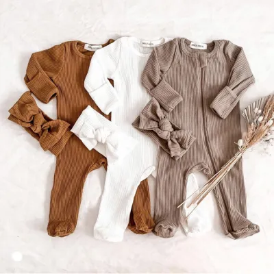 Kids Baby Boys And Girls Fashion Autumn And Winter Solid Color Long-Sleeve Cotton Rompers