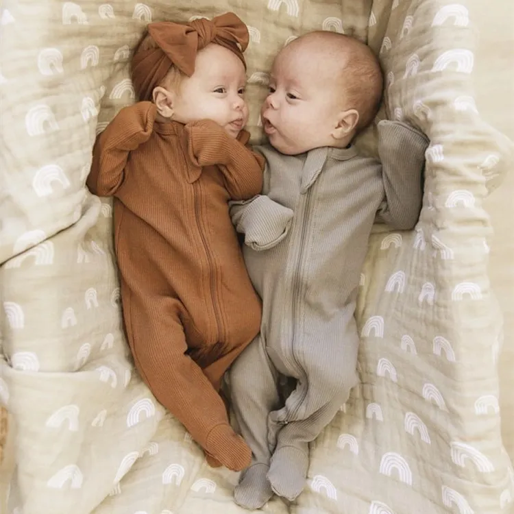 Kids Baby Boys And Girls Fashion Autumn And Winter Solid Color Long-Sleeve Cotton Rompers