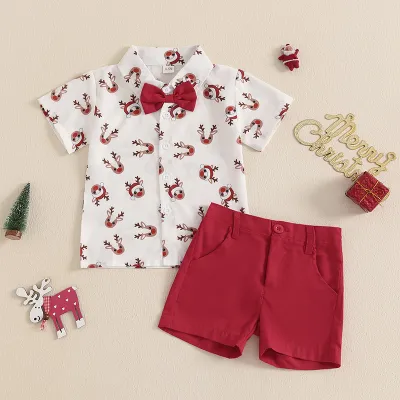 Kids Boys Fashion Christmas Deer Print Bow-Tie Lapel Short-Sleeve Shirt Shorts Two-Piece Set