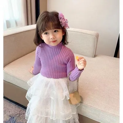 Kids Girls Fashion Casual Spring And Autumn Solid Color Half-High Collar Knitted Sweater