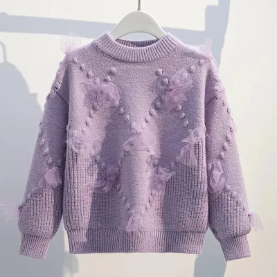 Kids Girls Fashion Elegant Thickened Winter Mesh Stitching Long-Sleeve Knitted Sweater