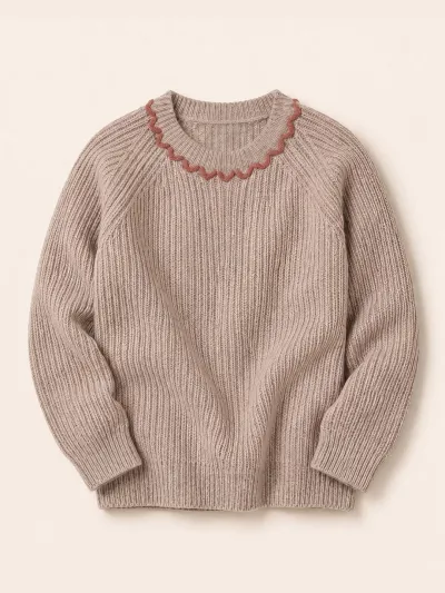 Kids Girls' Fashion Casual Autumn And Winter Thickened Texture Wave Lace Long-Sleeve Knitted Sweater