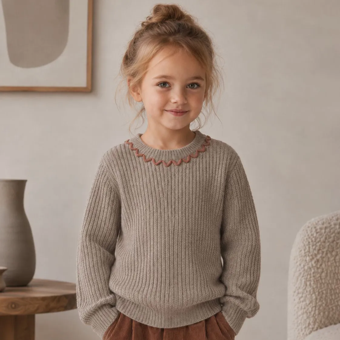 Kids Girls' Fashion Casual Autumn And Winter Thickened Texture Wave Lace Long-Sleeve Knitted Sweater