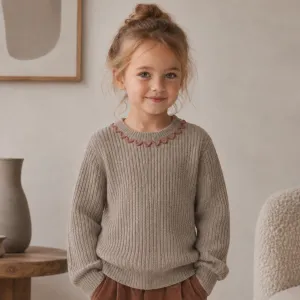 Kids Girls' Fashion Casual Autumn And Winter Thickened Texture Wave Lace Long-Sleeve Knitted Sweater