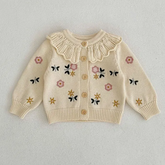 Kids Baby Girls Fashion Casual Spring Floral Embroidered Lotus Collar Knitted Long Sleeve Cardigan