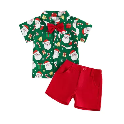 Kids Boys Fashion Christmas Boy Elk Printed Bow Ties Short Sleeve Shirt Loose Shorts Two-Piece Set