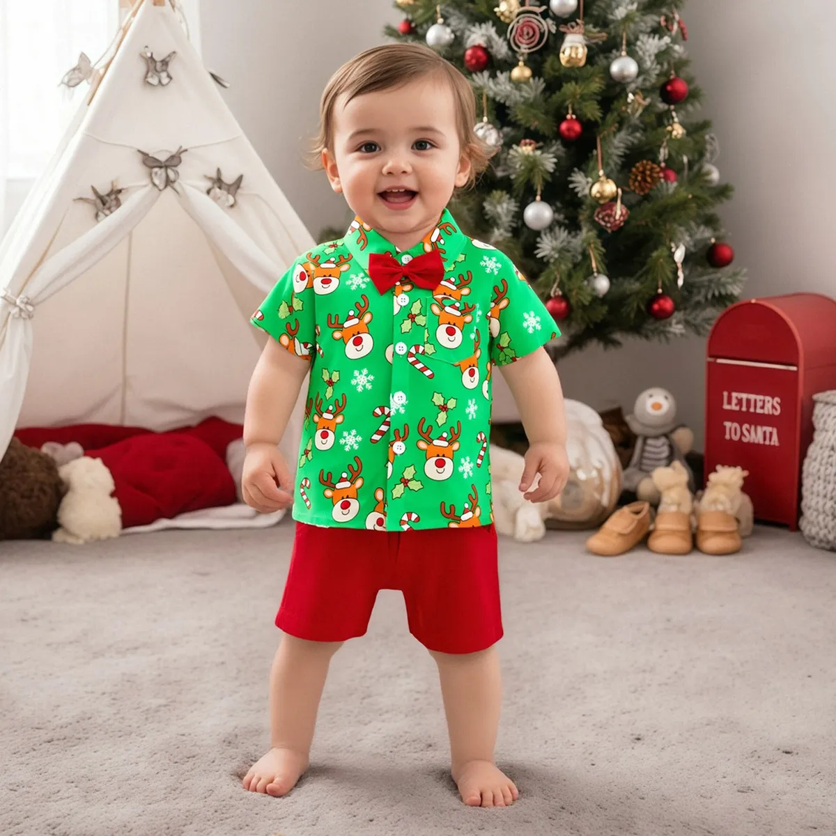 Kids Boys Fashion Christmas Boy Elk Printed Bow Ties Short Sleeve Shirt Loose Shorts Two-Piece Set