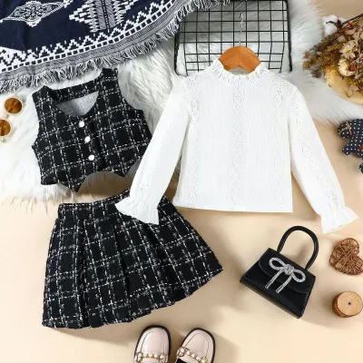 Kids Girls Fashion Casual Spring And Autumn Solid Color Lace Long-Sleeve Top Plaid Vest Pleated Mini Skirt Three-Piece Set