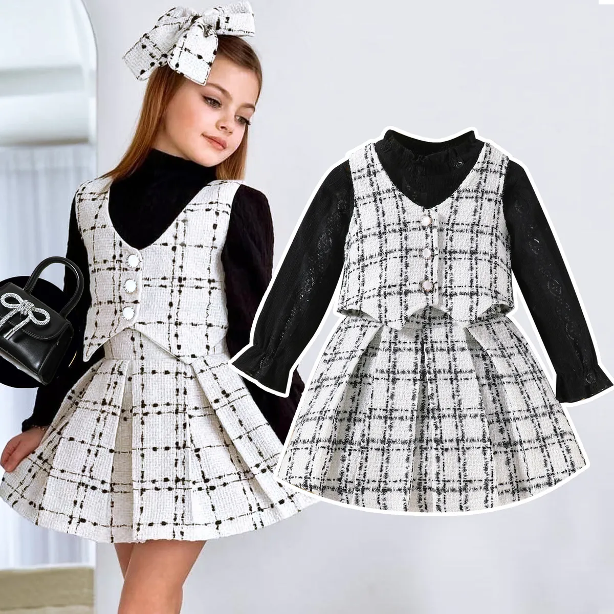 Kids Girls Fashion Casual Spring And Autumn Solid Color Lace Long-Sleeve Top Plaid Vest Pleated Mini Skirt Three-Piece Set