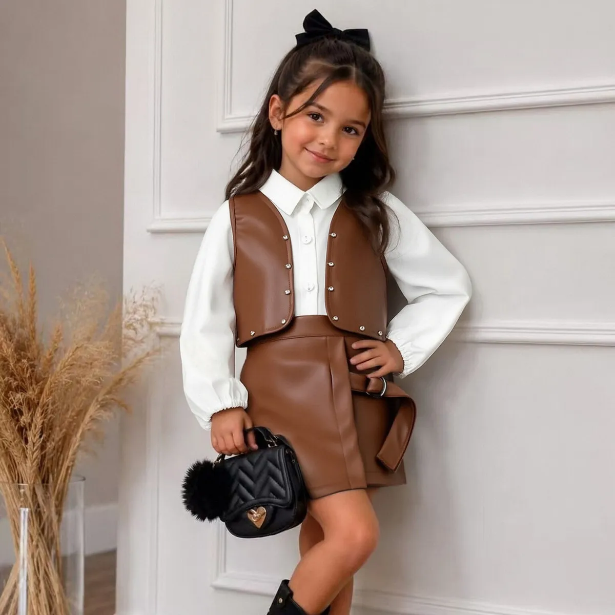 Kids Girls Fashion Casual Autumn Long-Sleeve Shirt Pu Leather Vest Coat Irregular Shorts Three-Piece Set