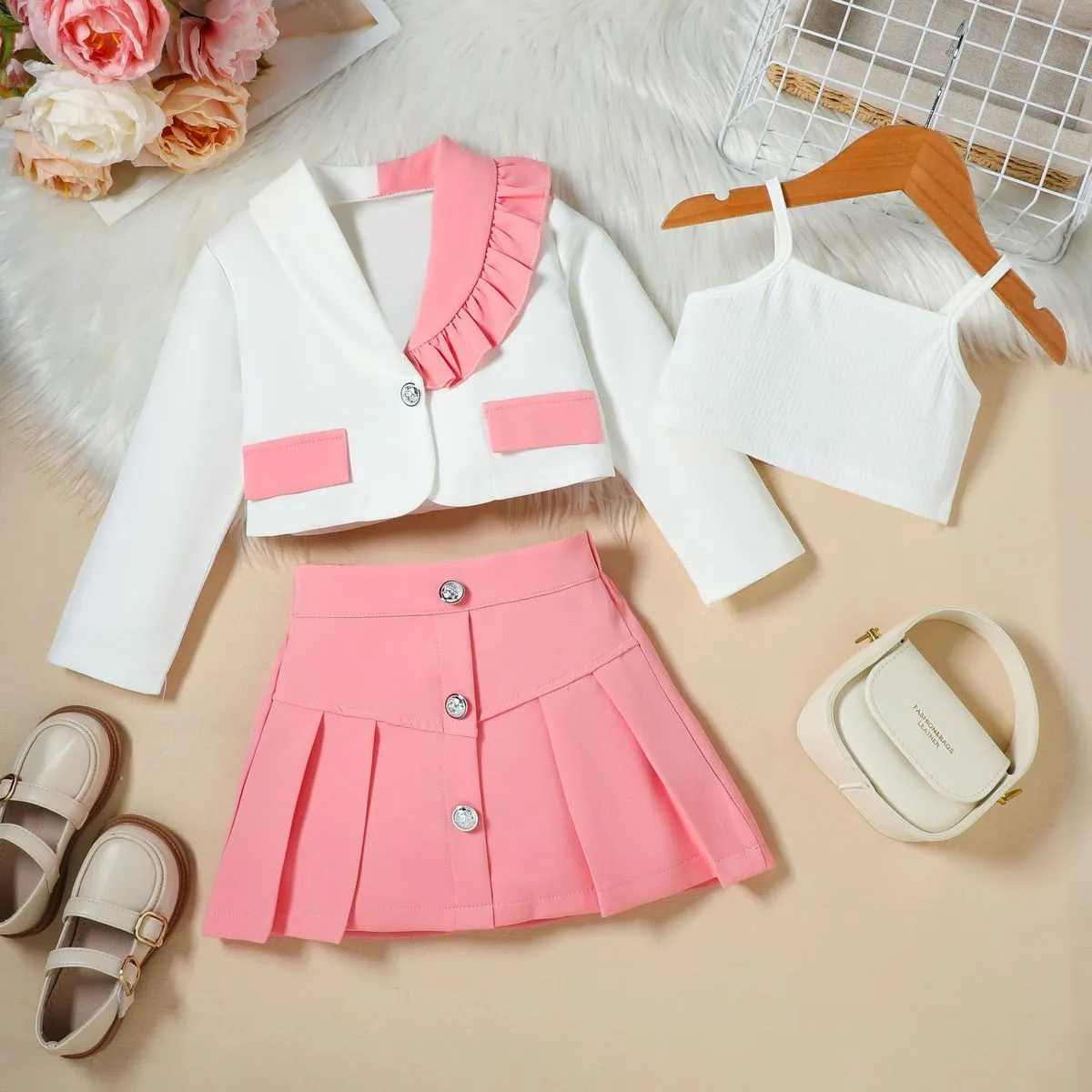 Kids Girl'S Fashion Autumn Camisole Wooden Ear Collar Long-Sleeve Jacket Pleated Mini Skirt Three-Piece Set