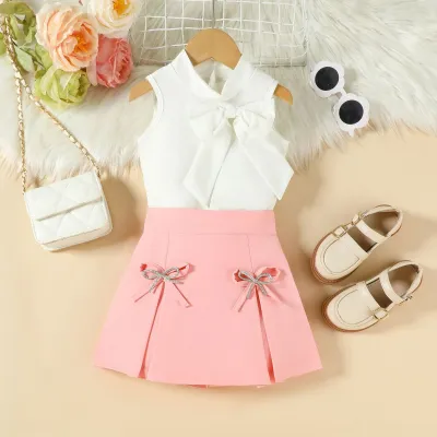 Kids Girls Fashion Summer Solid Color Bowknot Sleeveless Top Butterfly Diamond Knot Shorts Two-Piece Set