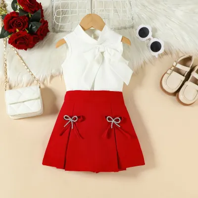 Kids Girls Fashion Summer Solid Color Bowknot Sleeveless Top Butterfly Diamond Knot Shorts Two-Piece Set