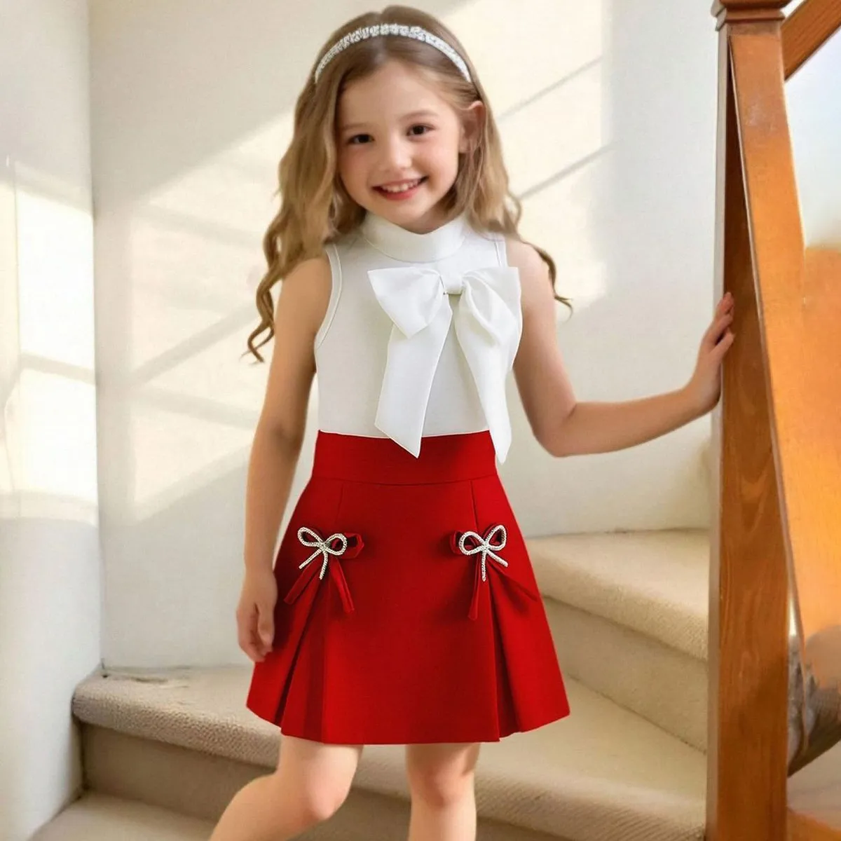 Kids Girls Fashion Summer Solid Color Bowknot Sleeveless Top Butterfly Diamond Knot Shorts Two-Piece Set