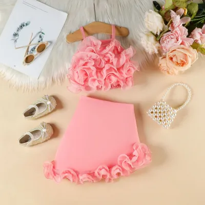 Kids Girls Fashion Summer Solid Color Three-Dimensional Floral Camisole Irregular Skirt Two-Piece Set