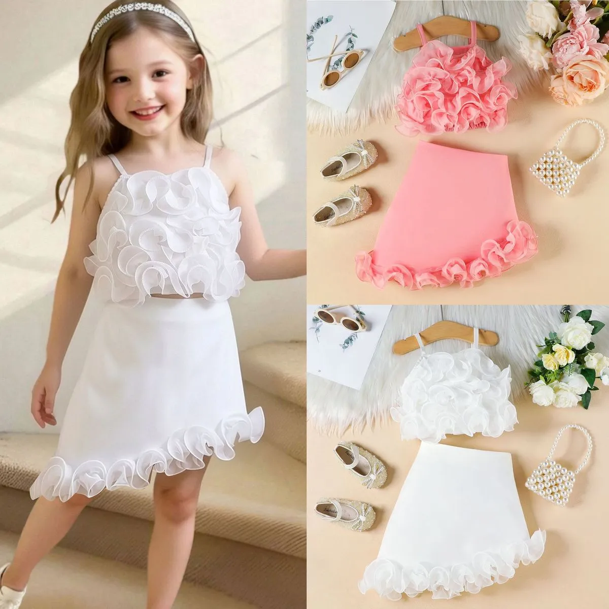 Kids Girls Fashion Summer Solid Color Three-Dimensional Floral Camisole Irregular Skirt Two-Piece Set