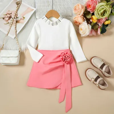 Kids Girls Fashion Autumn Beaded Long-Sleeve Top Three-Dimensional Floral Shorts Two-Piece Set