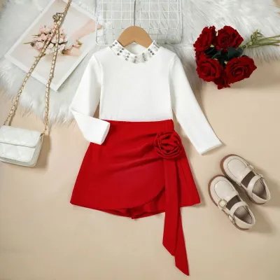 Kids Girls Fashion Autumn Beaded Long-Sleeve Top Three-Dimensional Floral Shorts Two-Piece Set