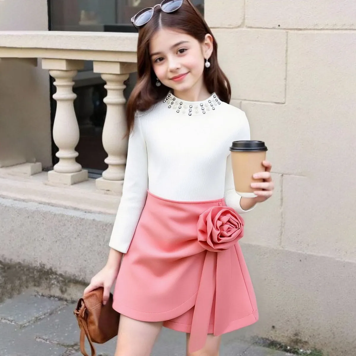 Kids Girls Fashion Autumn Beaded Long-Sleeve Top Three-Dimensional Floral Shorts Two-Piece Set