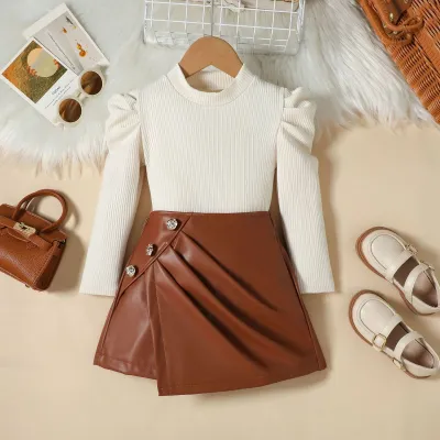 Kids Girls Fashion Autumn Solid Color Bubble Long Sleeve Top Pu Leather Mini Skirt Two-Piece Set