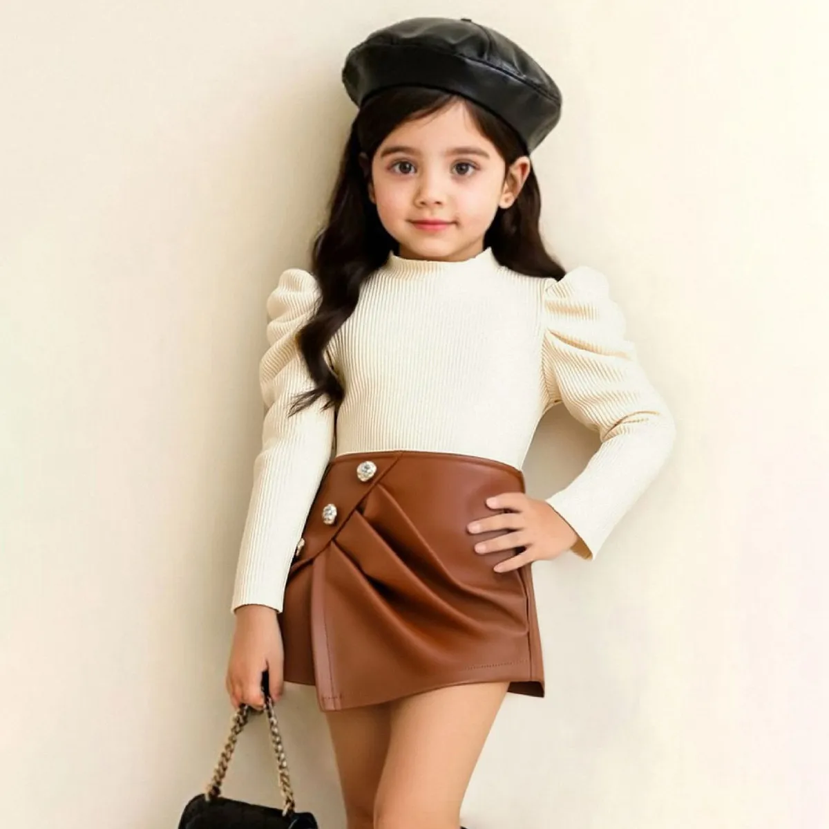Kids Girls Fashion Autumn Solid Color Bubble Long Sleeve Top Pu Leather Mini Skirt Two-Piece Set