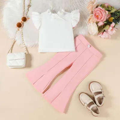 Kids Girls' Fashion Casual Color-Matching Wood-Ear-Edge Flying Sleeve T-Shirt Pants Two-Piece Set
